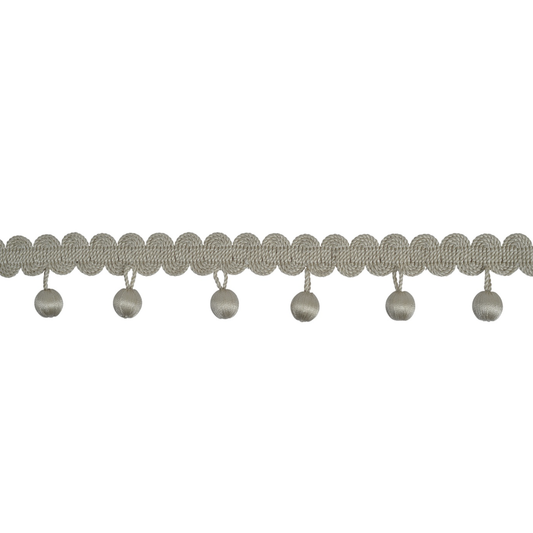 Decorative trim with braided design and hanging beads on a white background