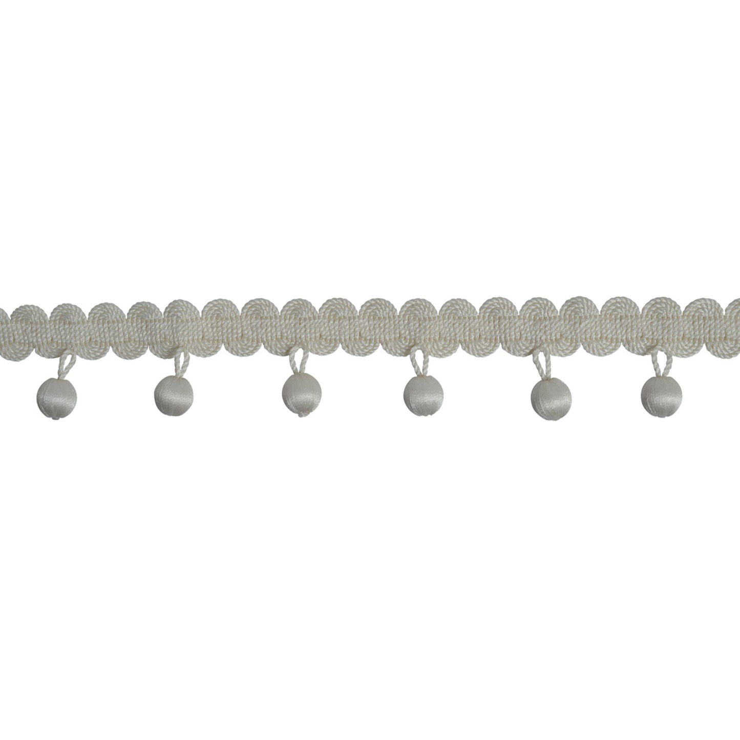 Decorative trim with scalloped edge and small beads on a white background