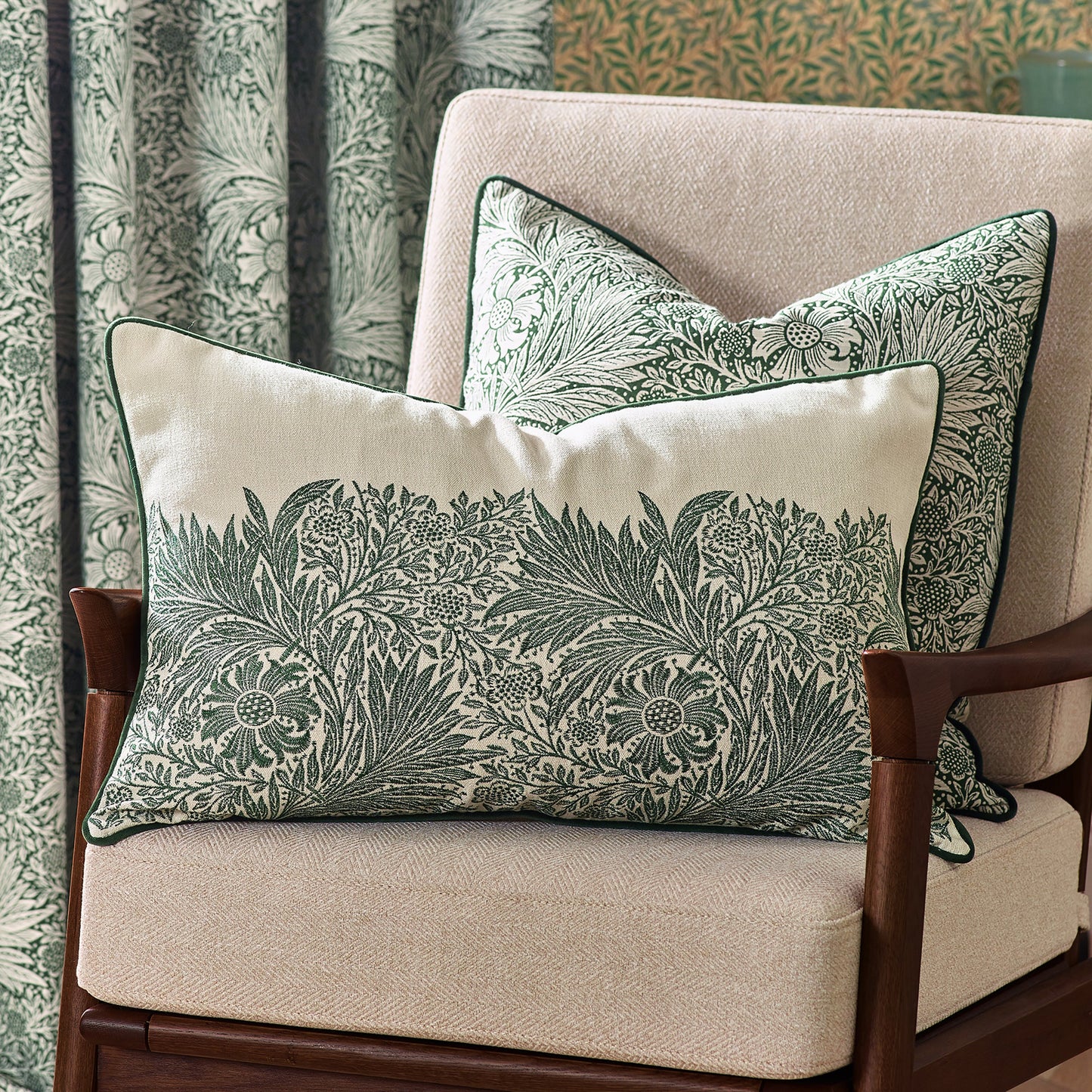 Marigold Embroidered Cushion Leaf Green