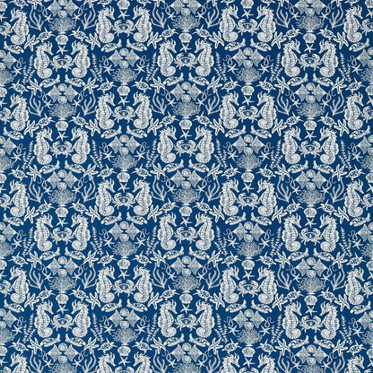 Maris Navy sea life kids fabric features intricate white marine creatures on deep blue cotton, ideal for curtains and upholstery.