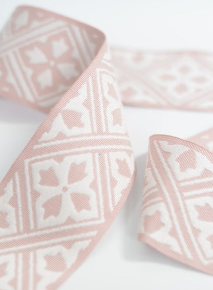 Laura Ashley Mr Jones Border Blush trim featuring a geometric floral pattern in soft pink and white, ideal for elegant home décor accents.