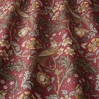 Close-up of Opus Floral Carmine cotton fabric showcasing detailed floral and bird motifs in warm hues, perfect for drapes and creative arts projects.