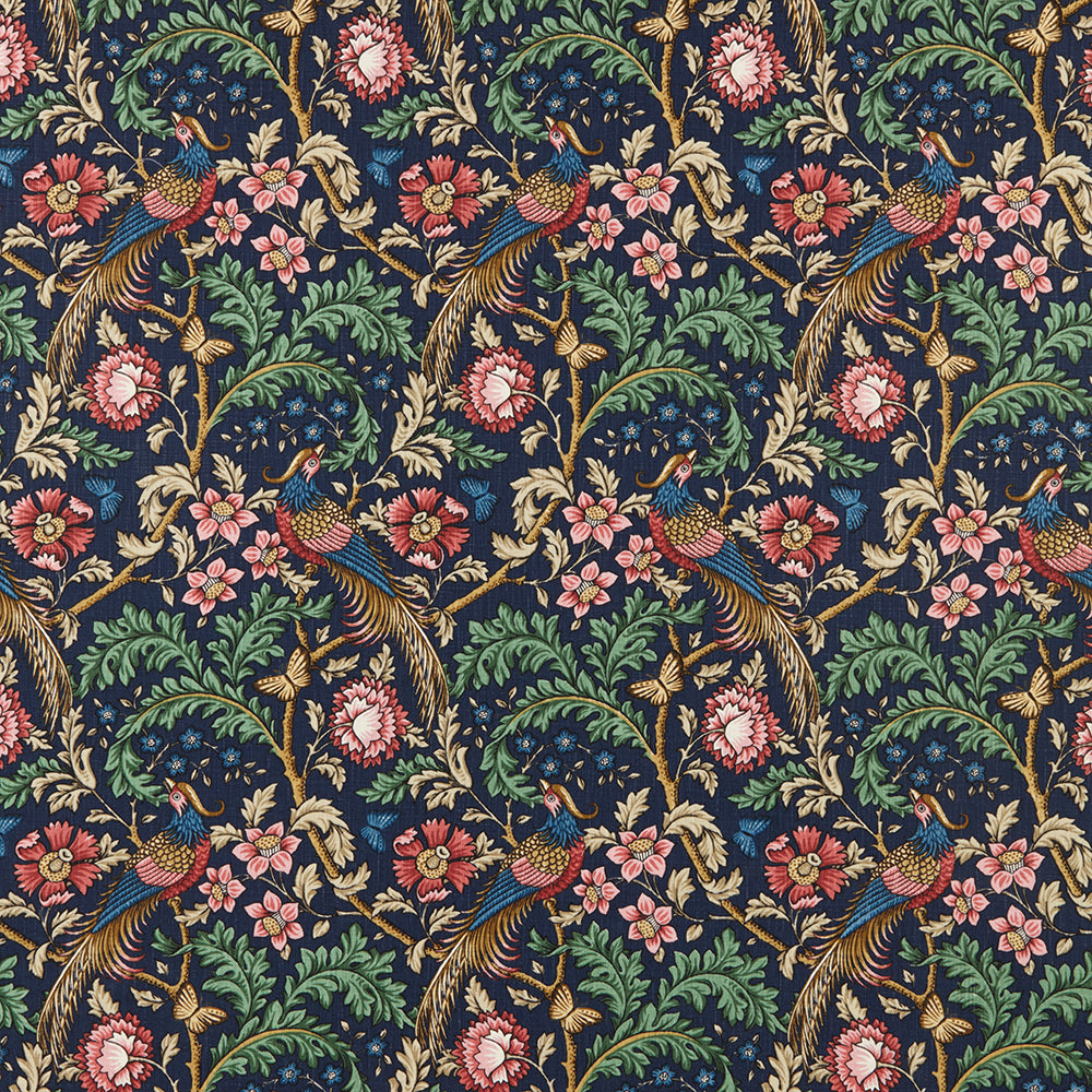 Opus Floral Indigo cotton fabric featuring intricate Arts and Crafts-style floral and bird patterns in vibrant colours, ideal for upholstery and curtains.