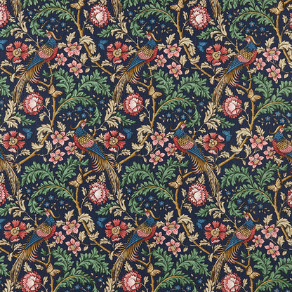 Opus Floral Indigo cotton fabric featuring intricate Arts and Crafts-style floral and bird patterns in vibrant colours, ideal for upholstery and curtains.