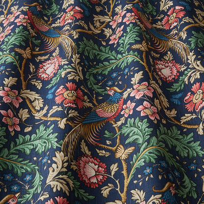 Close-up of Opus Floral Indigo cotton fabric showcasing detailed floral and bird motifs on a rich indigo background, perfect for creative arts and crafts projects.