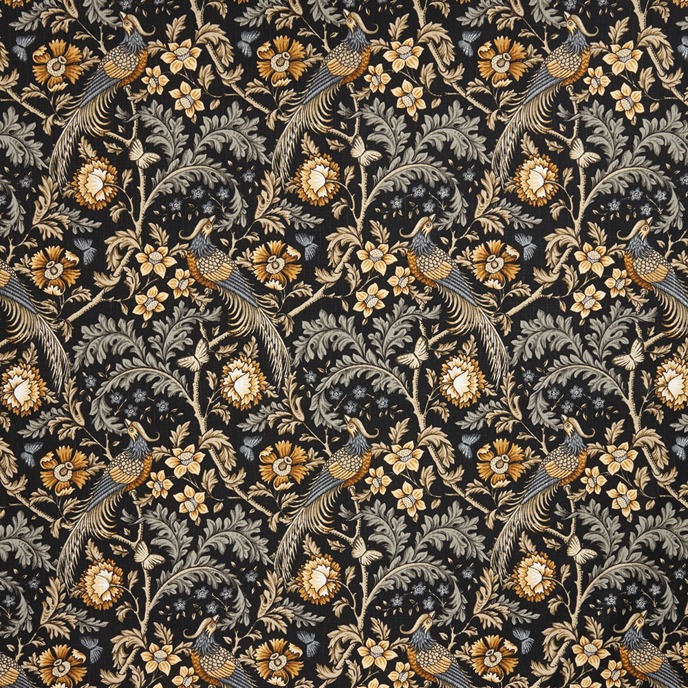 Opus Floral Saffron cotton fabric featuring intricate Arts and Crafts-style floral and bird motifs in saffron and black, ideal for curtains and upholstery.