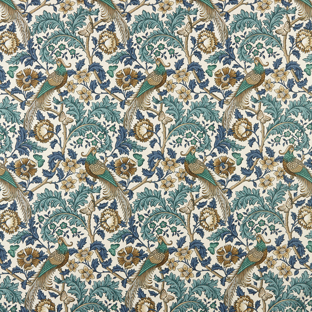 Opus Floral Verdigris cotton fabric featuring intricate Arts and Crafts-style floral and peacock patterns in blue, green, and gold tones.