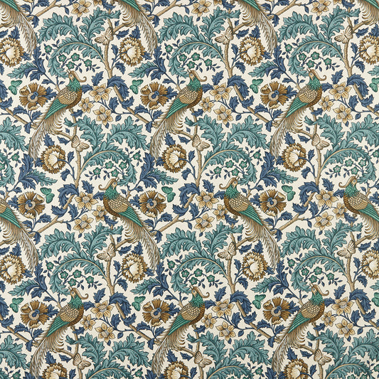 Opus Floral Verdigris cotton fabric featuring intricate Arts and Crafts-style floral and peacock patterns in blue, green, and gold tones.