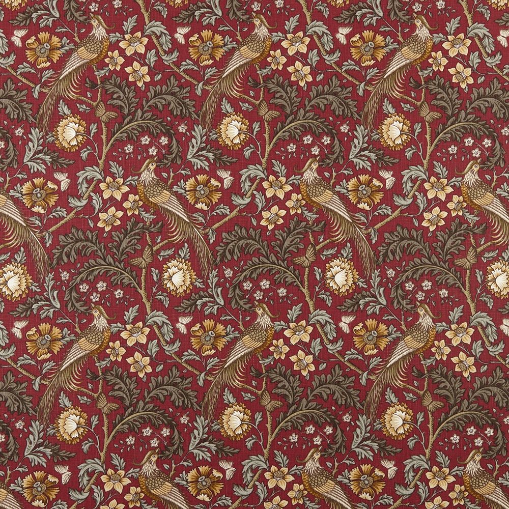 Opus Floral Carmine cotton fabric featuring intricate Arts and Crafts floral and bird patterns in rich red tones, ideal for curtains and upholstery.