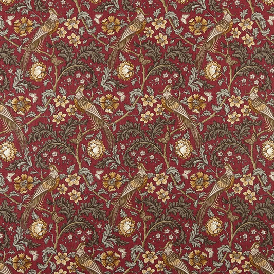 Opus Floral Carmine cotton fabric featuring intricate Arts and Crafts floral and bird patterns in rich red tones, ideal for curtains and upholstery.