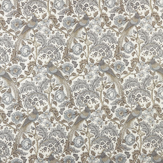 Opus Floral Flint cotton fabric featuring intricate Arts and Crafts-style floral and bird motifs in neutral tones, ideal for curtains and upholstery.