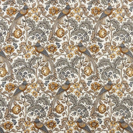 Opus Floral Ochre cotton fabric featuring intricate Arts and Crafts-style floral and bird patterns in ochre, grey, and cream tones. Ideal for upholstery and curtains.