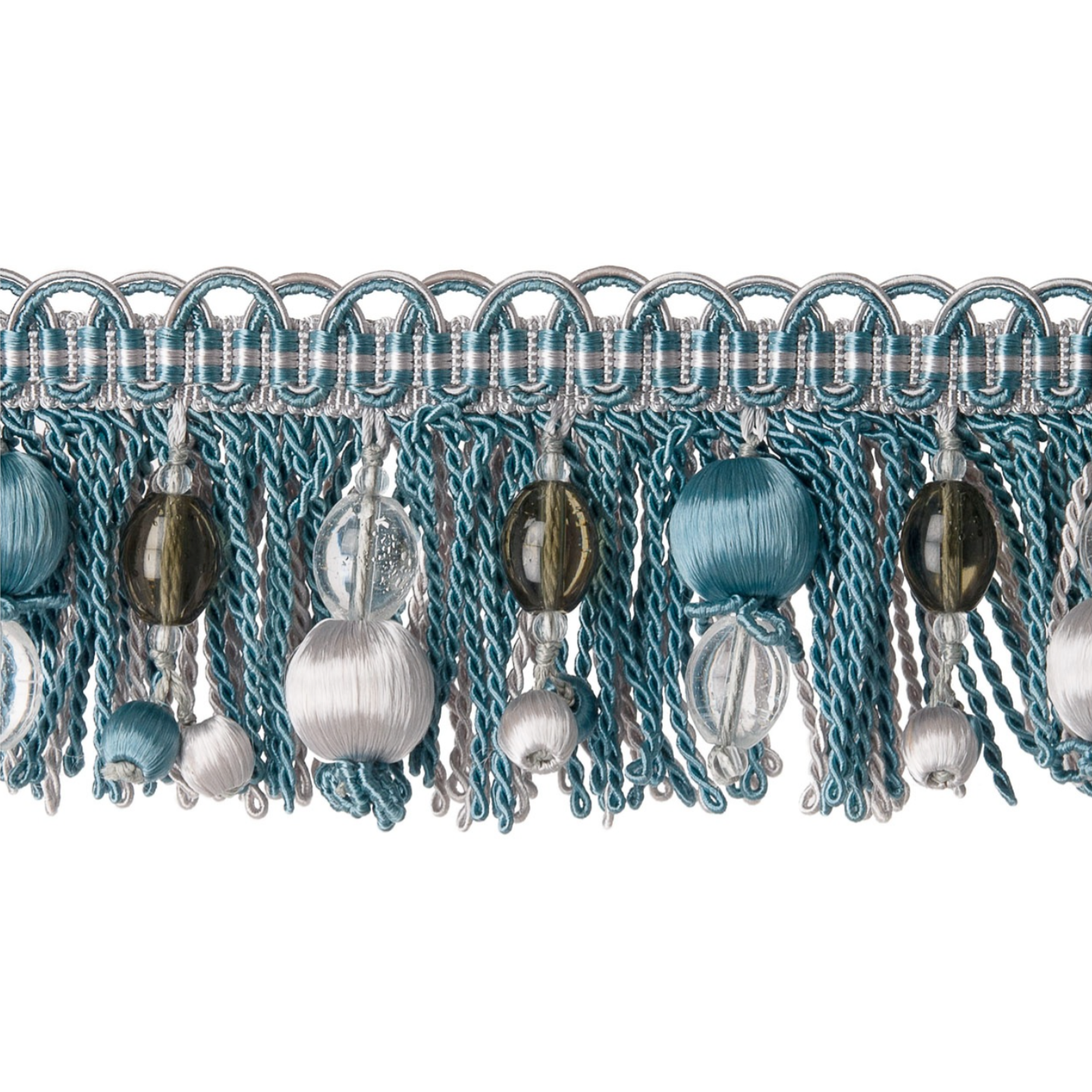 Decorative trim with blue and silver beads on a white background