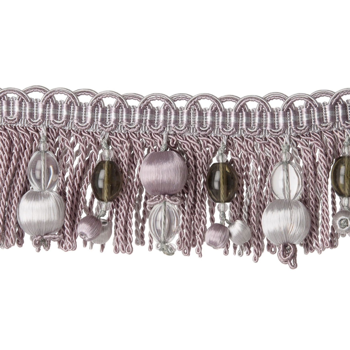 Decorative trim with tassels and beads on a white background