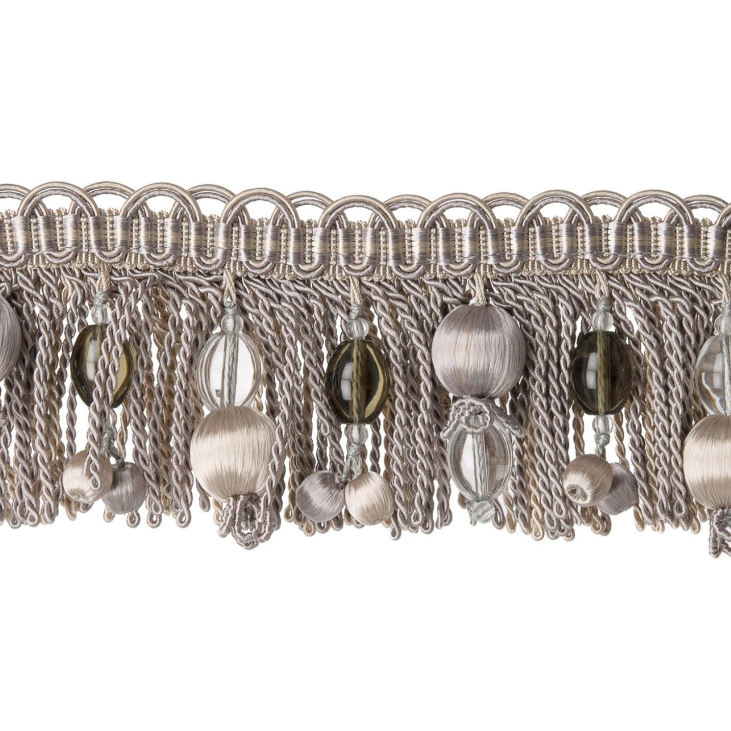 Decorative trim with metallic fringe and hanging beads on a white background