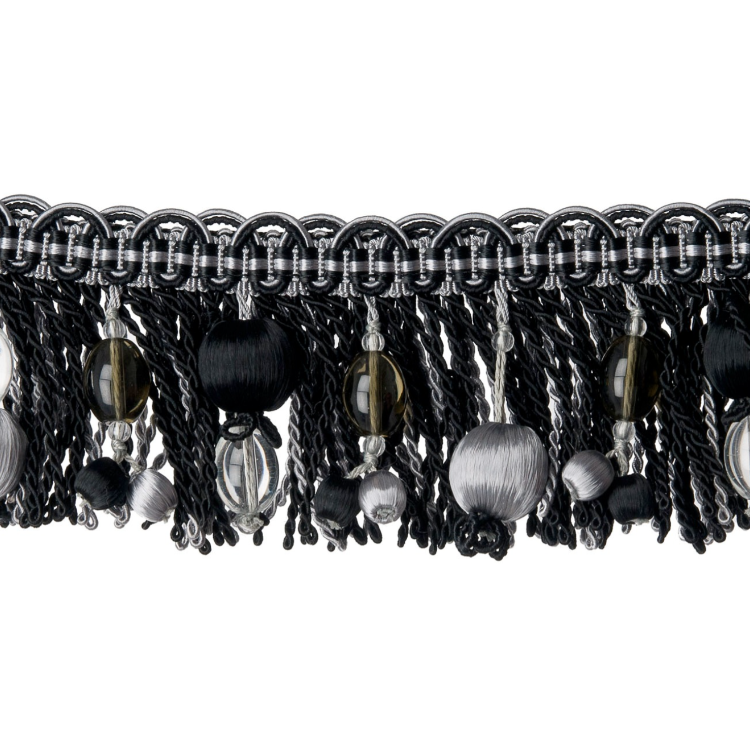 Close-up of decorative trim with beads and tassels on a white background