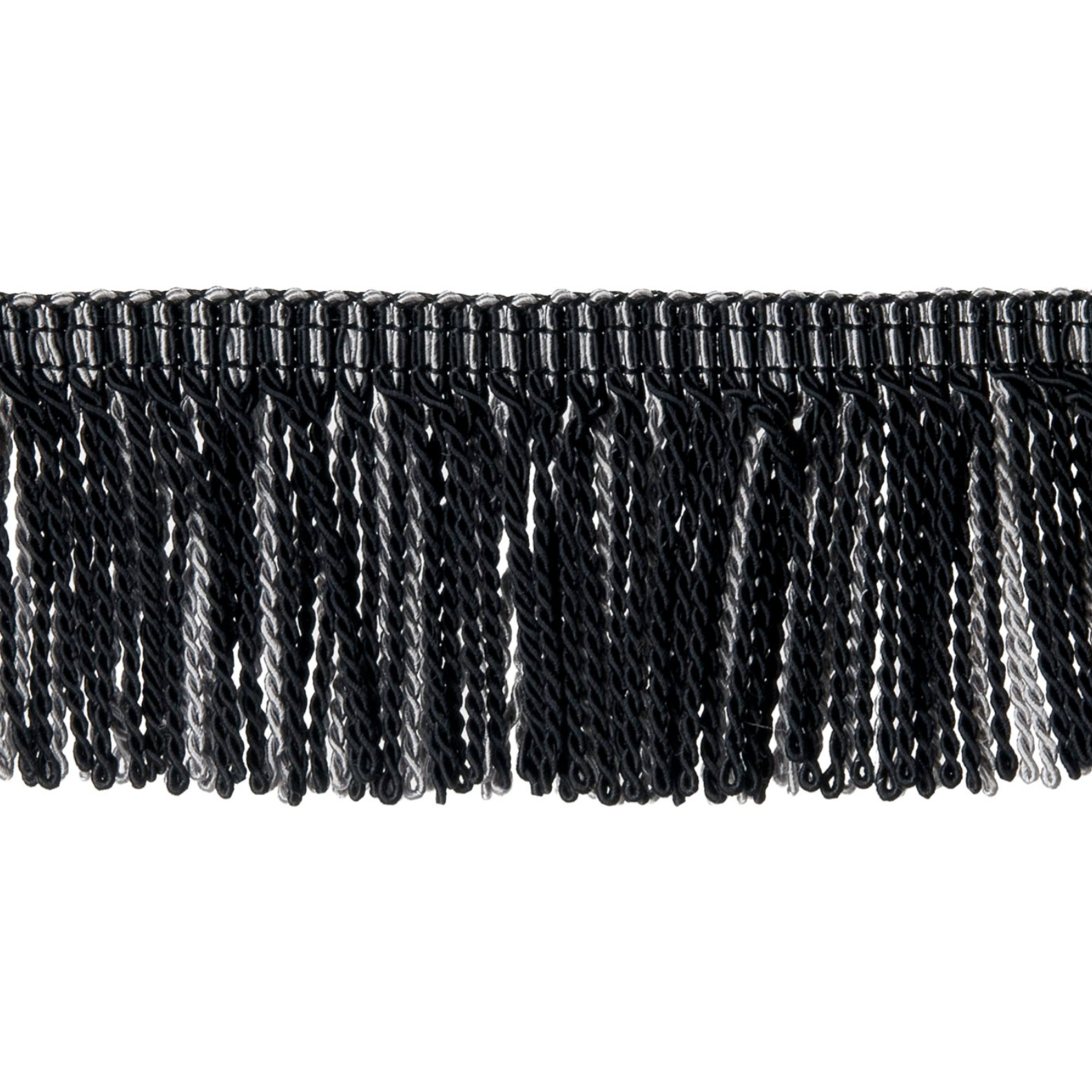 Black fringe trim on a white background