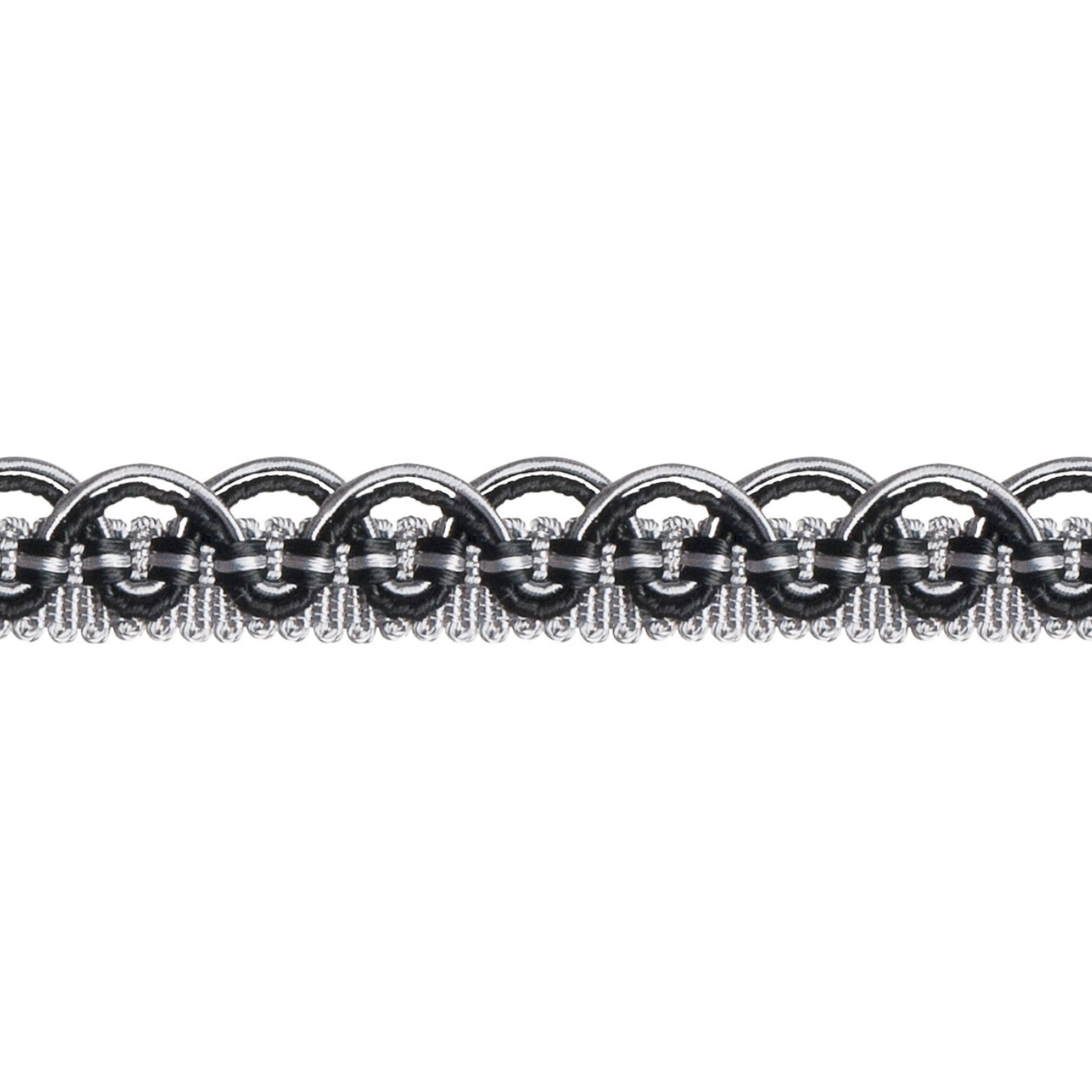 Decorative black and silver gimp trim on a white background