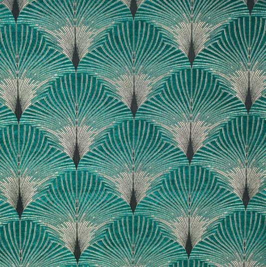 Jazz Prospect art deco fabric in green and silver chenille with intricate fan-like patterns, ideal for upholstery and elegant home décor.