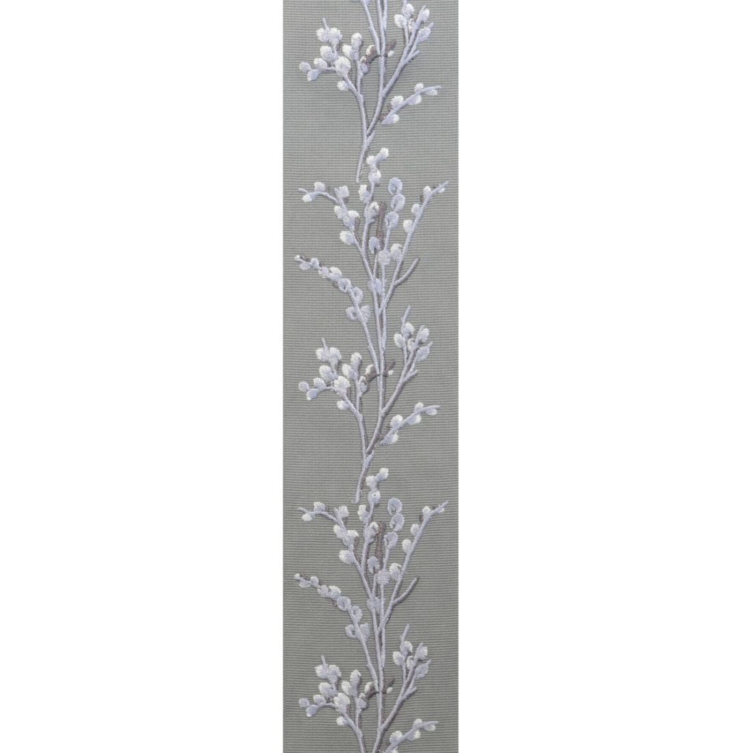 Laura Ashley Border Pussy Willow Steel trim with intricate white pussy willow embroidery on a gray background, perfect for home decor accents.