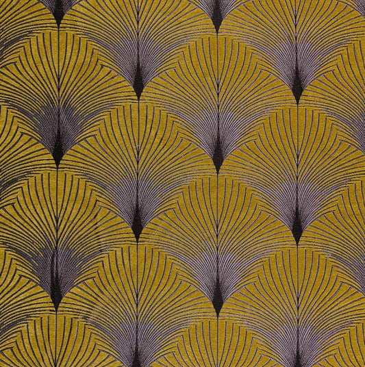 Jazz Queens art deco fabric in chenille with intricate gold and yellow fan-like patterns, ideal for upholstery and crafting projects.