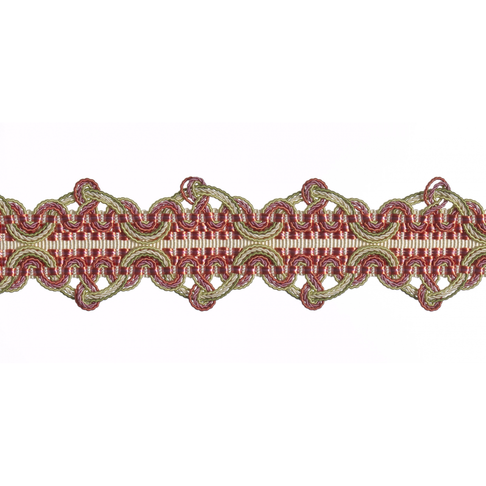 Decorative braid trim with red and gold pattern on a white background