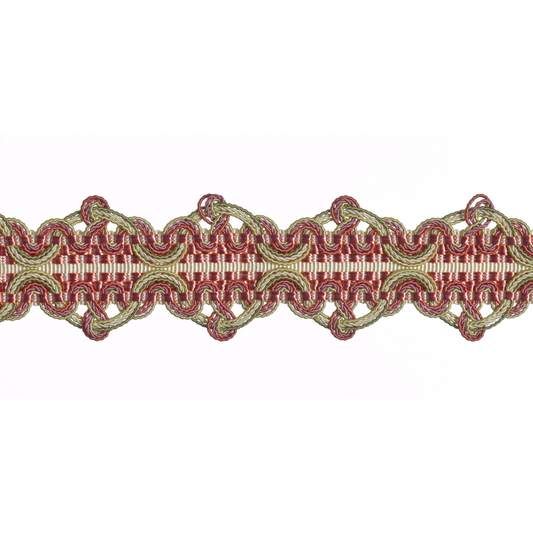 Decorative braid trim with red and gold pattern on a white background