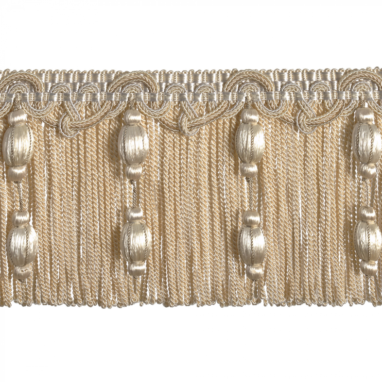 Decorative fringe trim with beaded accents on a white background