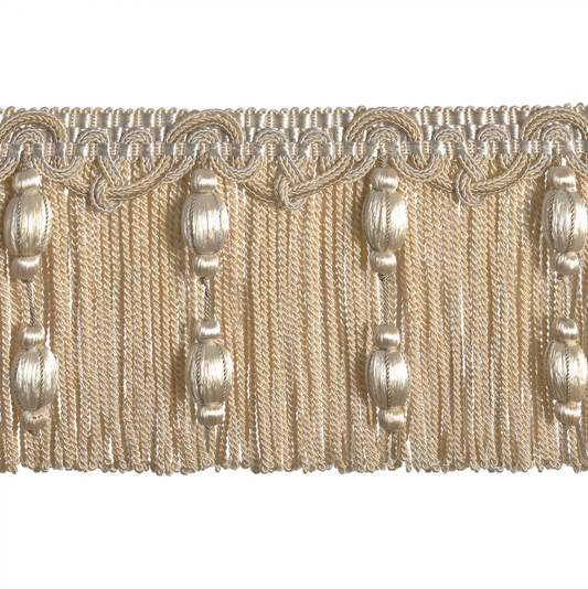 Decorative fringe trim with beaded accents on a white background