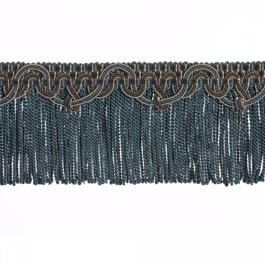 Decorative fabric trim with braided top and fringes on a white background