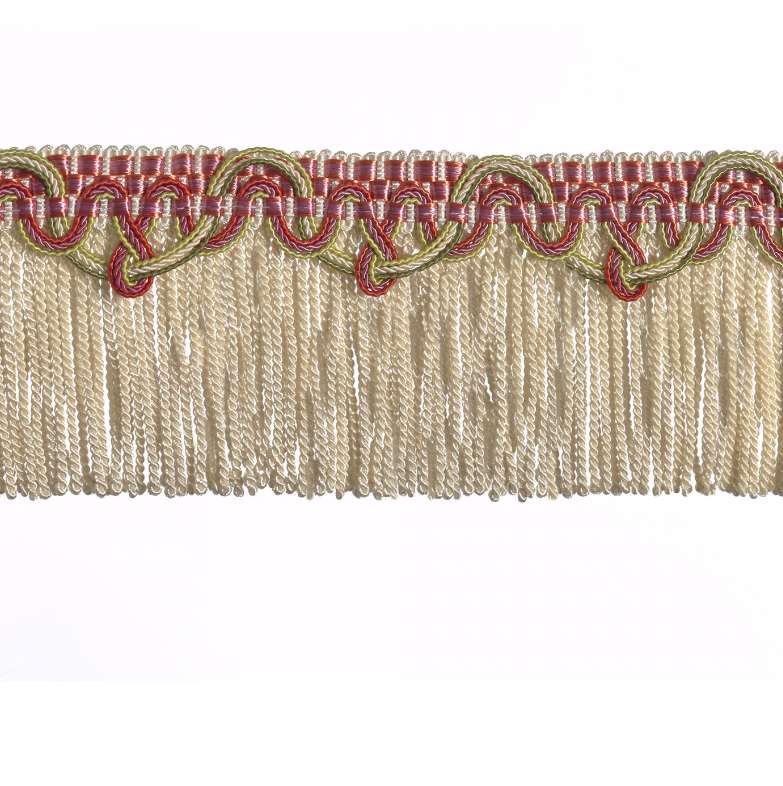Decorative fringe with red and gold pattern on a white background