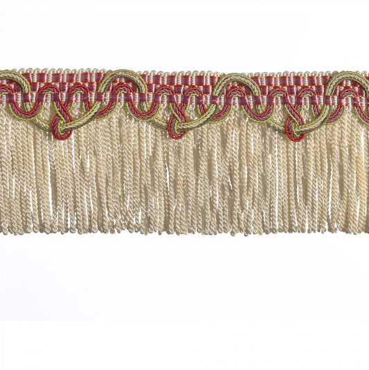 Decorative fringe with red and gold pattern on a white background