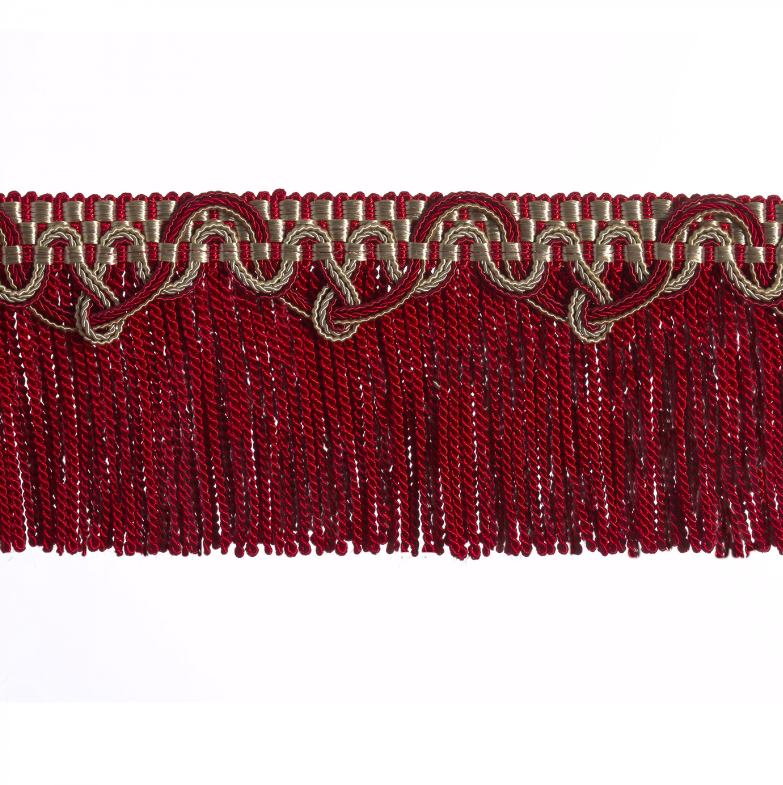 Red fringe trim with gold border on a white background