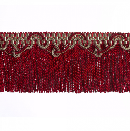 Red fringe trim with gold border on a white background