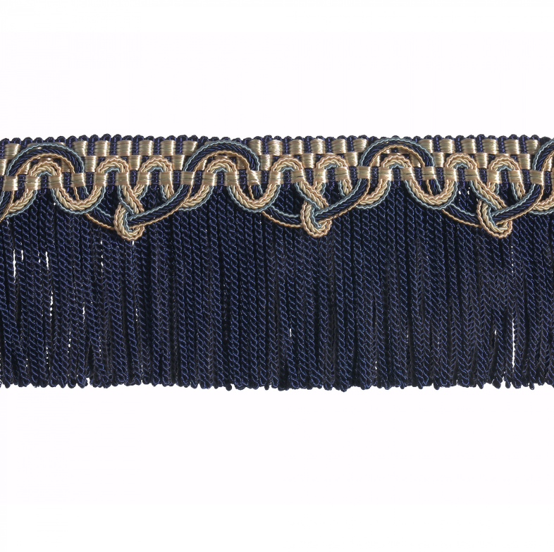 Navy blue fringe trim with gold decorative border on a white background