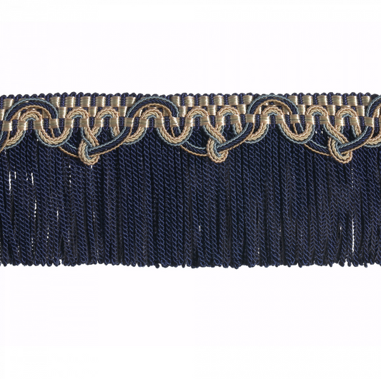 Navy blue fringe trim with gold decorative border on a white background
