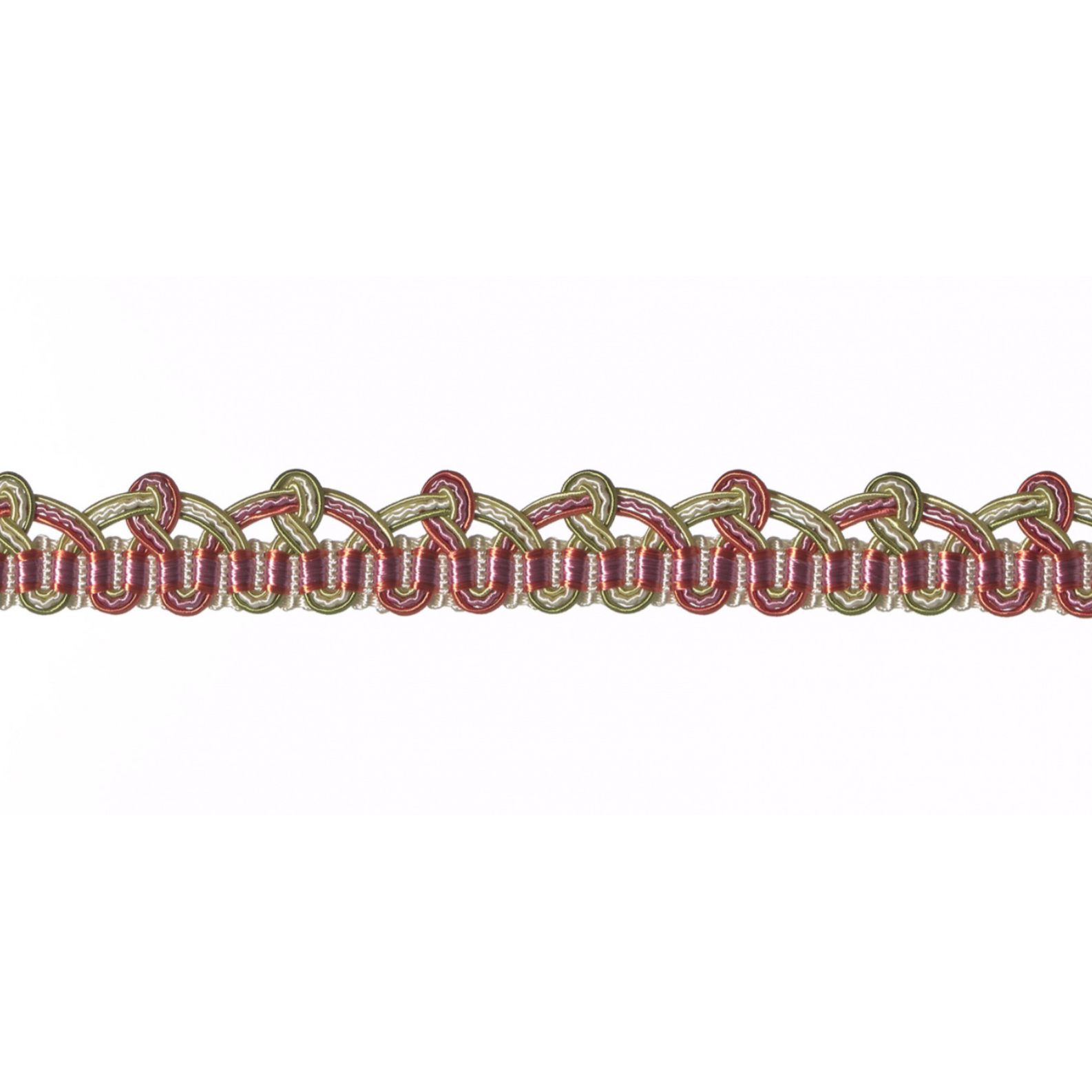 Decorative braided gimp trim in red and gold on a white background