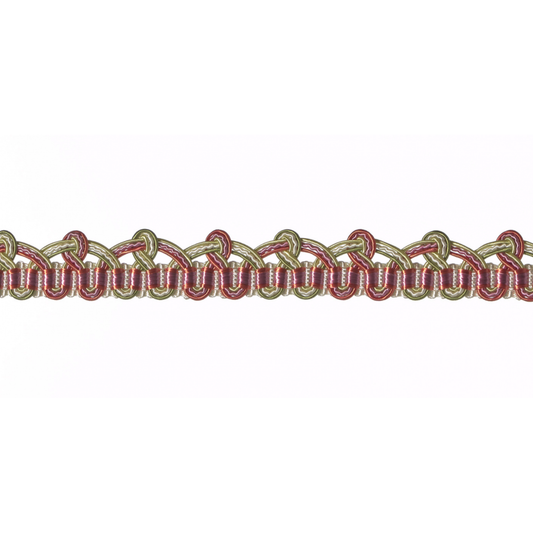 Decorative braided gimp trim in red and gold on a white background