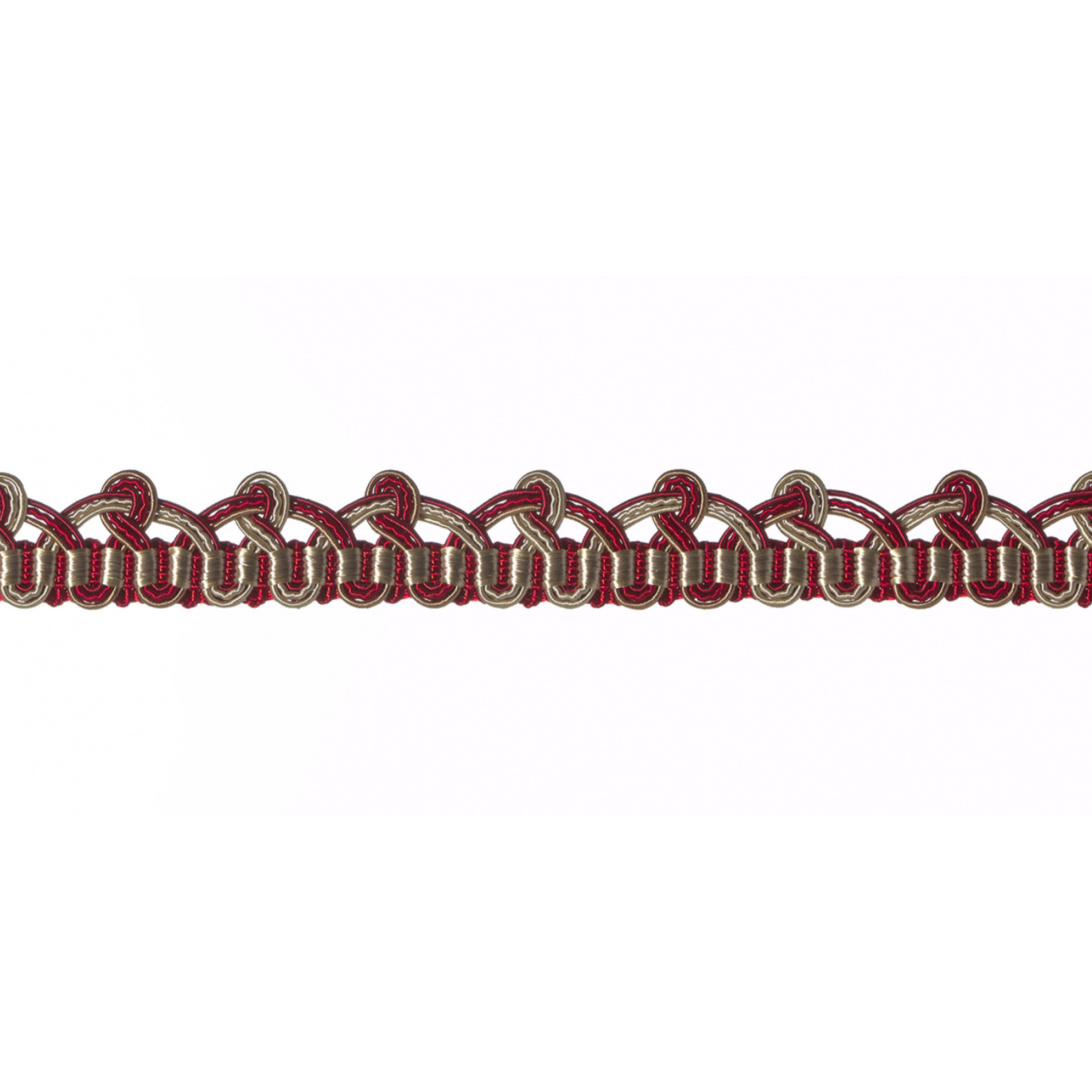 Decorative gimp trim in red and gold on a white background