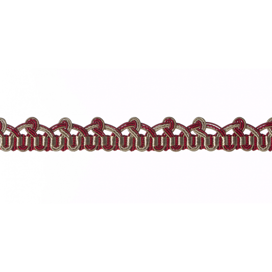Decorative gimp trim in red and gold on a white background