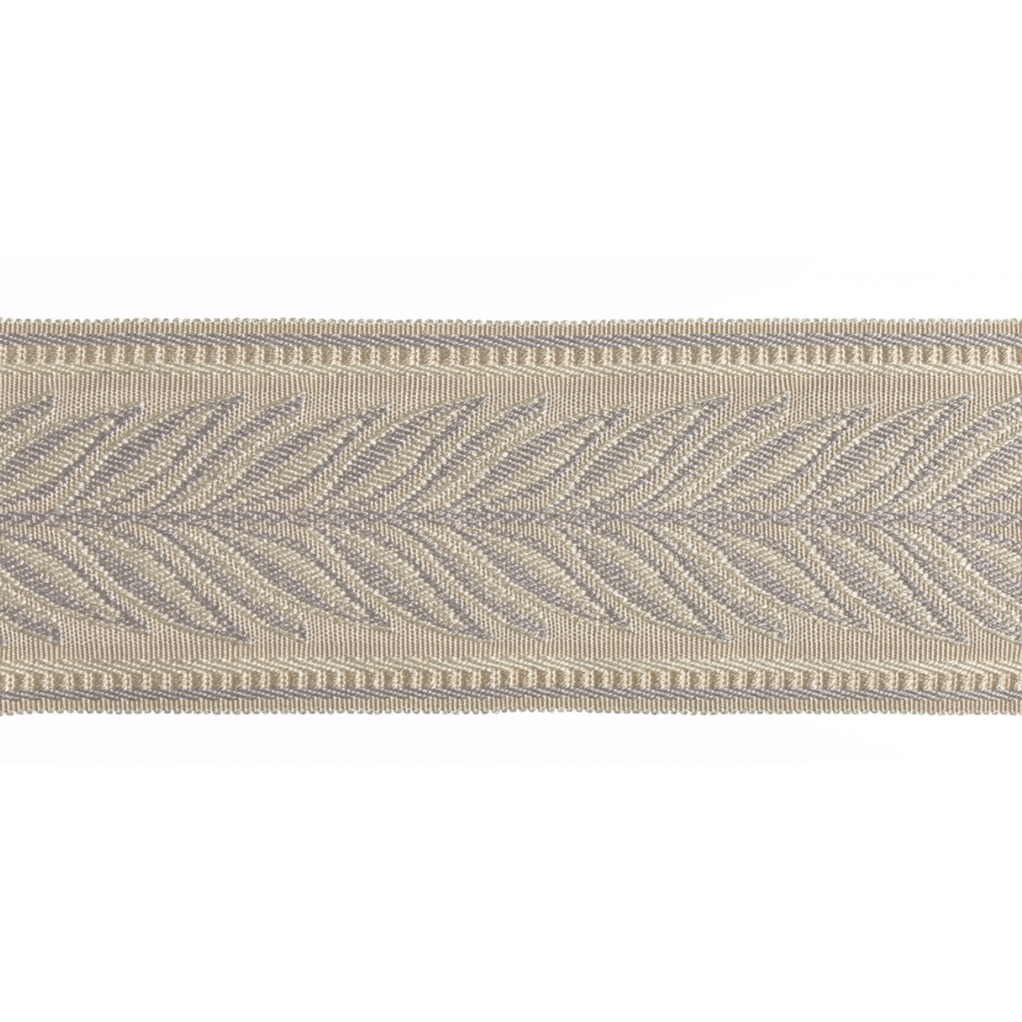 Textured flat braid trim with a herringbone pattern on a white background