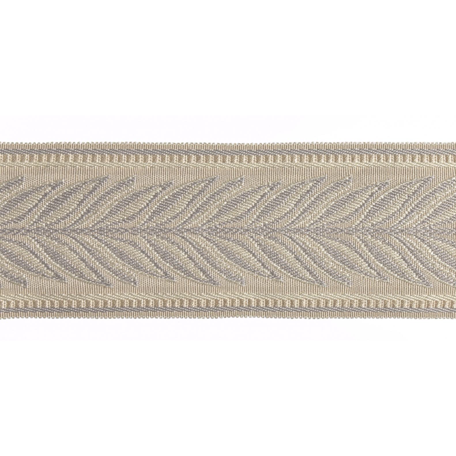 Textured flat braid trim with a herringbone pattern on a white background