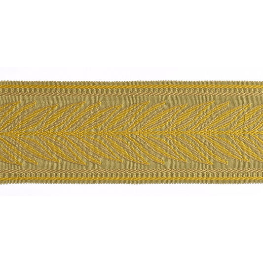 Gold flat braid trim with leaf pattern on a white background
