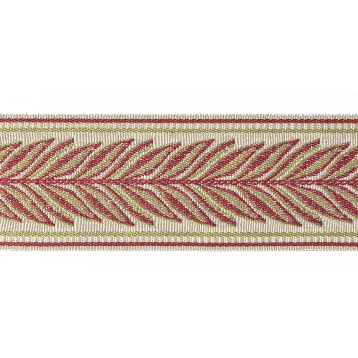 Decorative flat braid trim with red leaf pattern on a white background