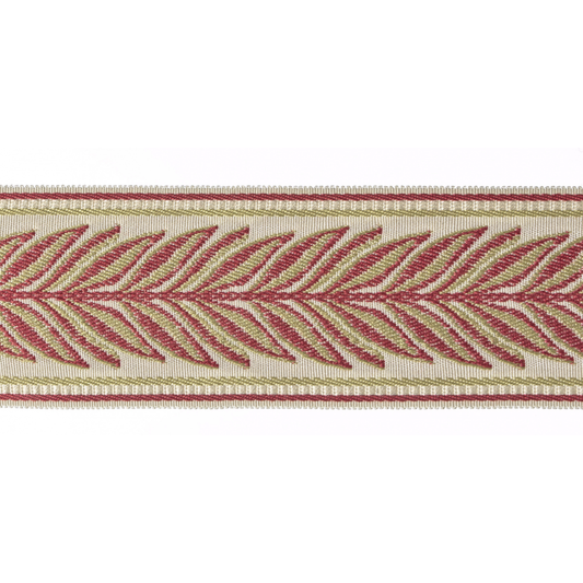 Decorative flat braid trim with red leaf pattern on a white background