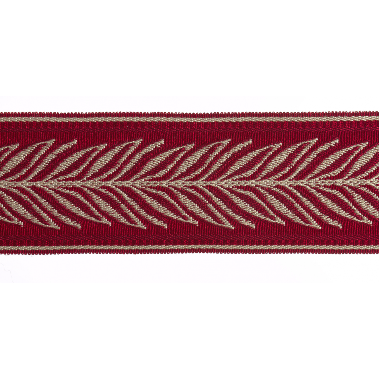 Red flat braid trim with beige leaf pattern on a white background