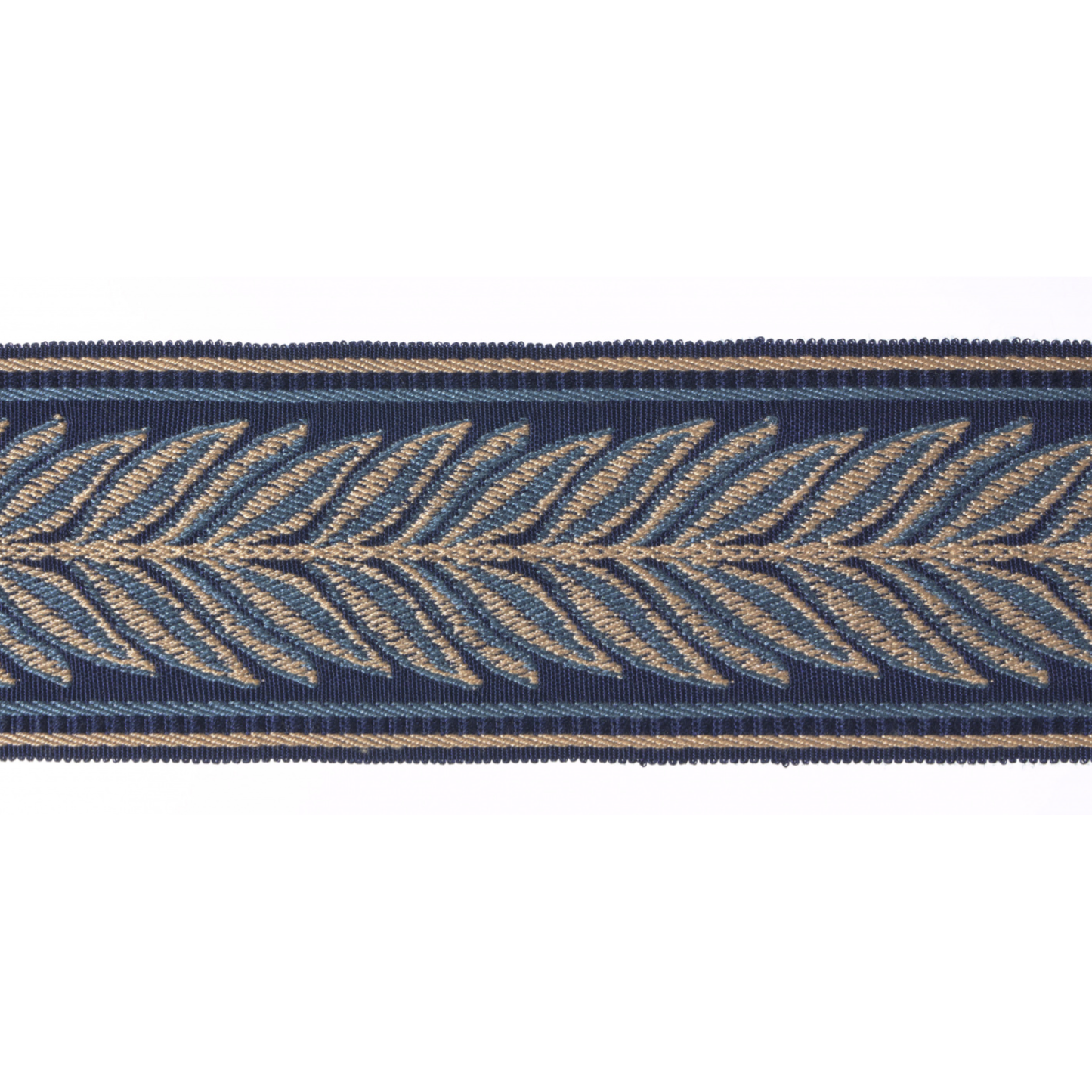 Navy blue flat braid trim with gold leaf pattern on a white background