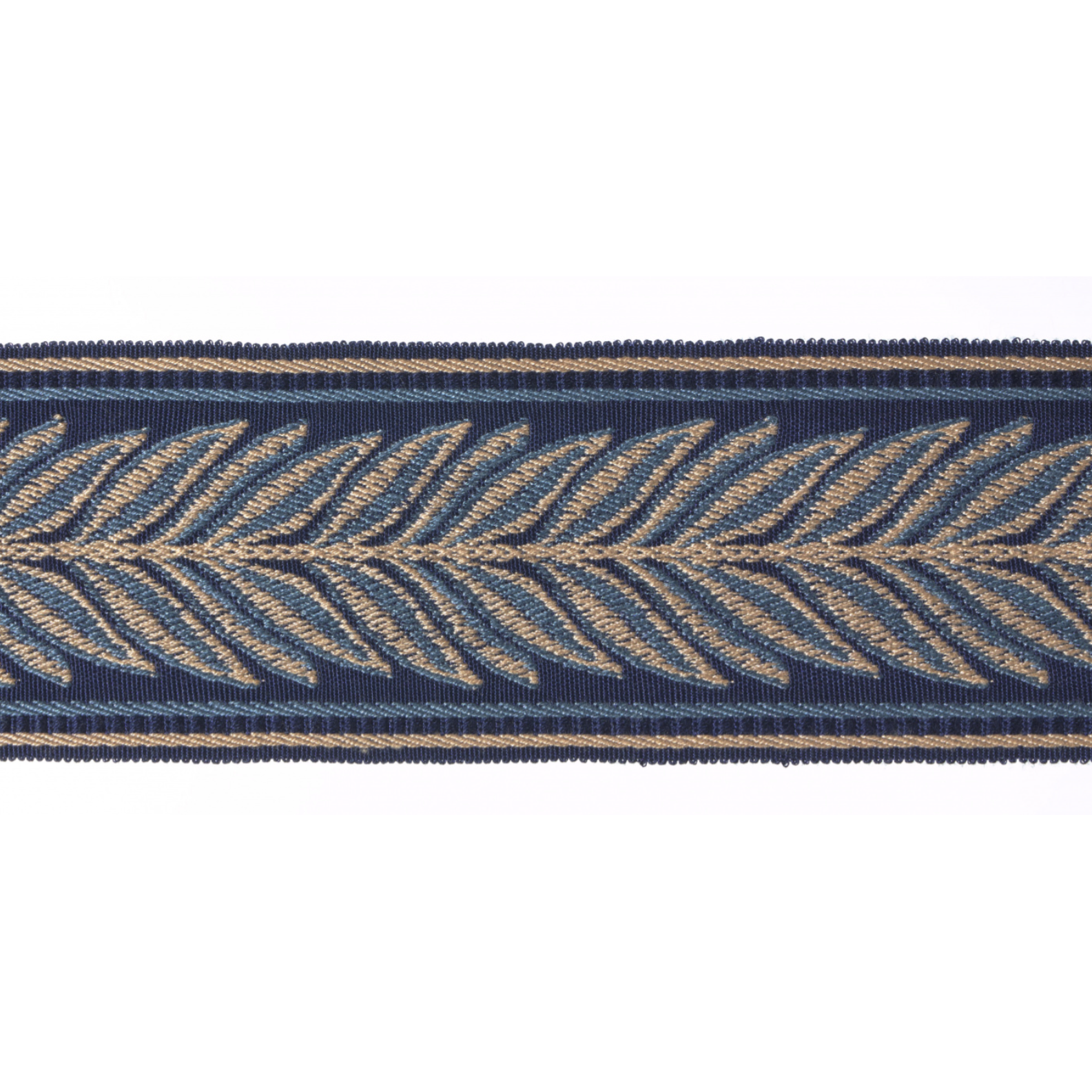 Navy blue flat braid trim with gold leaf pattern on a white background