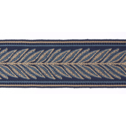 Navy blue flat braid trim with gold leaf pattern on a white background