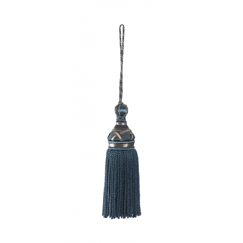 Decorative key tassel with a blue fringe and metallic top on a white background